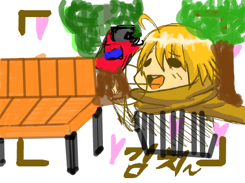 공원에서 : 콜라병이 머리에 스케치판 ,sketchpan