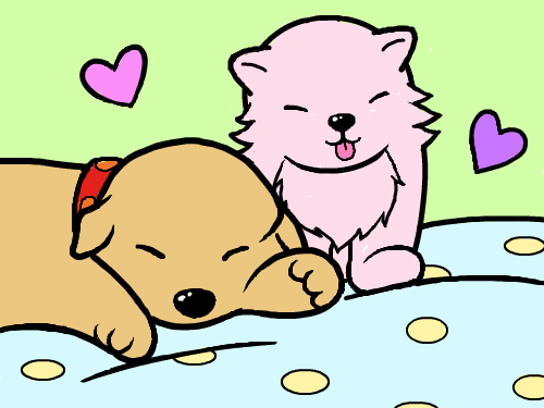 예쁜 아기 강아지 : 고양이가 강아지에게 반한것 같다. 스케치판 ,sketchpan