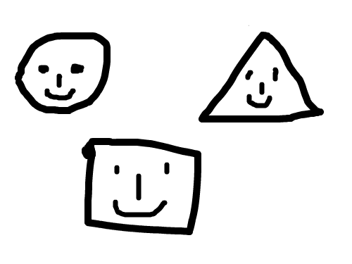 동그라미, 세모, 네모로 그린 표정 : 여러가지 모양안의 얼굴입니다. 스케치판 ,sketchpan