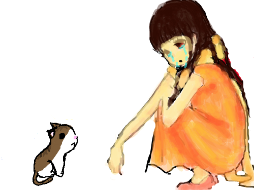 다람쥐와 소녀 : 다람쥐가 떠나가겠다고하자 한 소녀는 실망하게 밑을 쳐다보았다. 스케치판 ,sketchpan