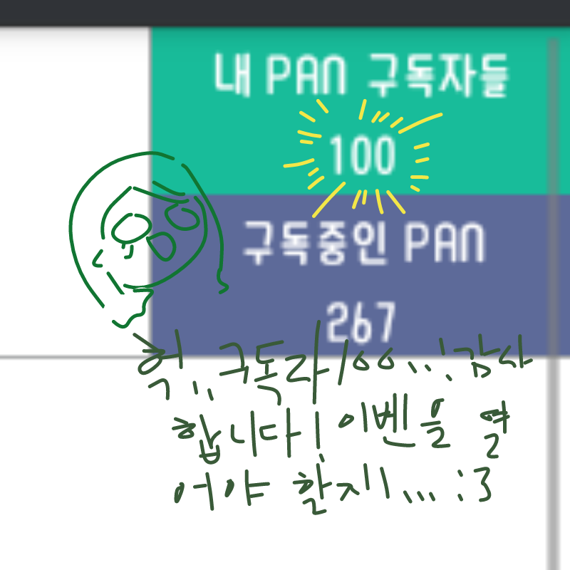 마침내..... : 마침내...구독자 100입니다
사실 현실에선 알아봐주는 사람 없는데
이곳에서 위안을 얻어요...!
100 감사드리고....음..뭐하짛ㅎ욯ㅎㅎㅎㅎㅎㅎ
햄볶네요♥ 스판분들 사랑해요!!! 스케치판 ,sketchpan