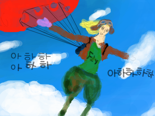 미나미家 상상 : 뭐랄카 하늘에서 낙하산 떨어져서 무서운데 쎈척해야하느라 웃어야하는 상황 스케치판 ,sketchpan