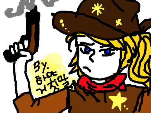 COWGIRL : 금발에 하얀 피부 가죽옷에 별달리고 총쏘면서 말을 타는 빨간 머플러의 소녀 스케치판 ,sketchpan