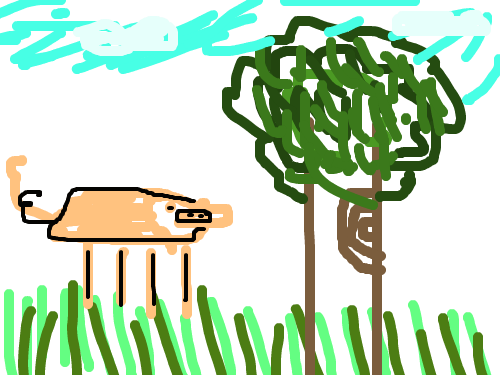 풀밭돼지 : 풀밭에 나무 한그루와 돼지한마리. 스케치판 ,sketchpan