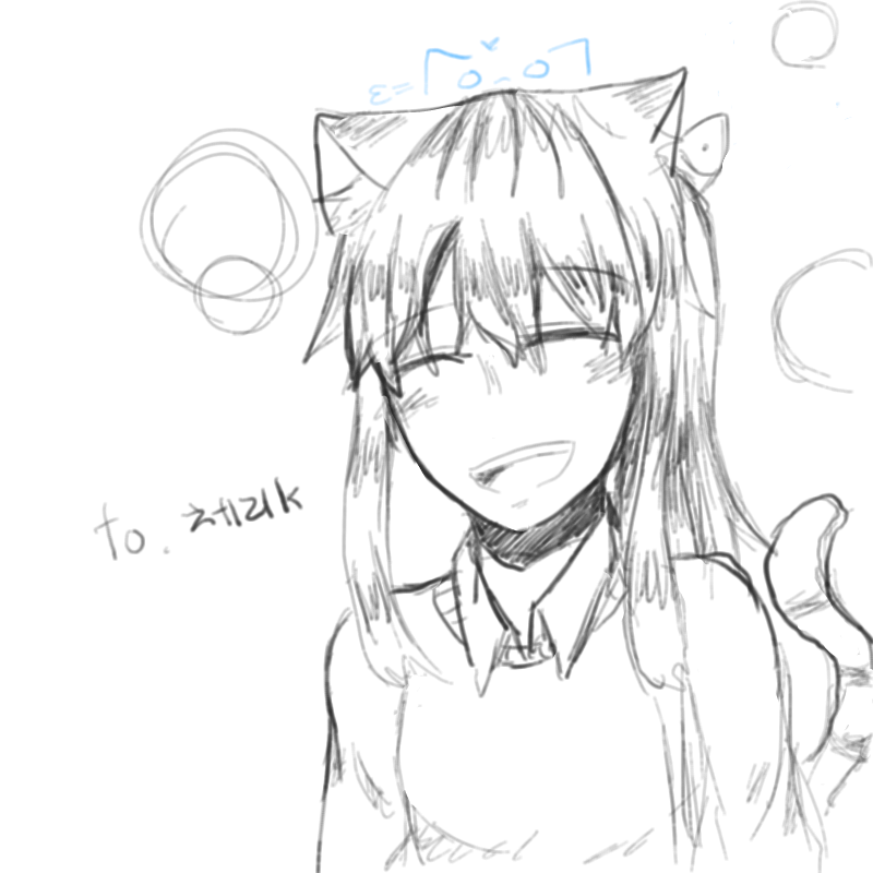 원래 그리.. : 원래 그리려던 구도가 잘 안돼ㅐ서 바꿨는데 네코가 낄자리가 없어 머리위에 두었습니다.(기껏 알려주신 눈동자색이 무용지물이 됬네요(땀땀)) 스케치판 ,sketchpan